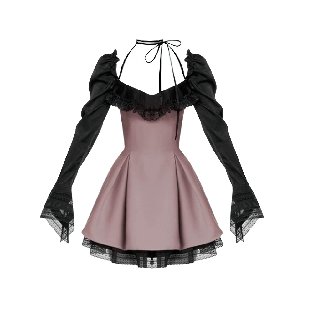 Sexy Long Sleeves Pink Mesh Dress / Gothic Women's Open Shoulders Mini Dress