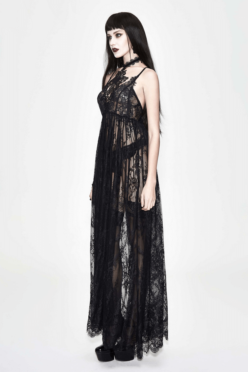 Sexy Long Transparent Lace Dress / Romantic Black Dresses With Lace Chocker