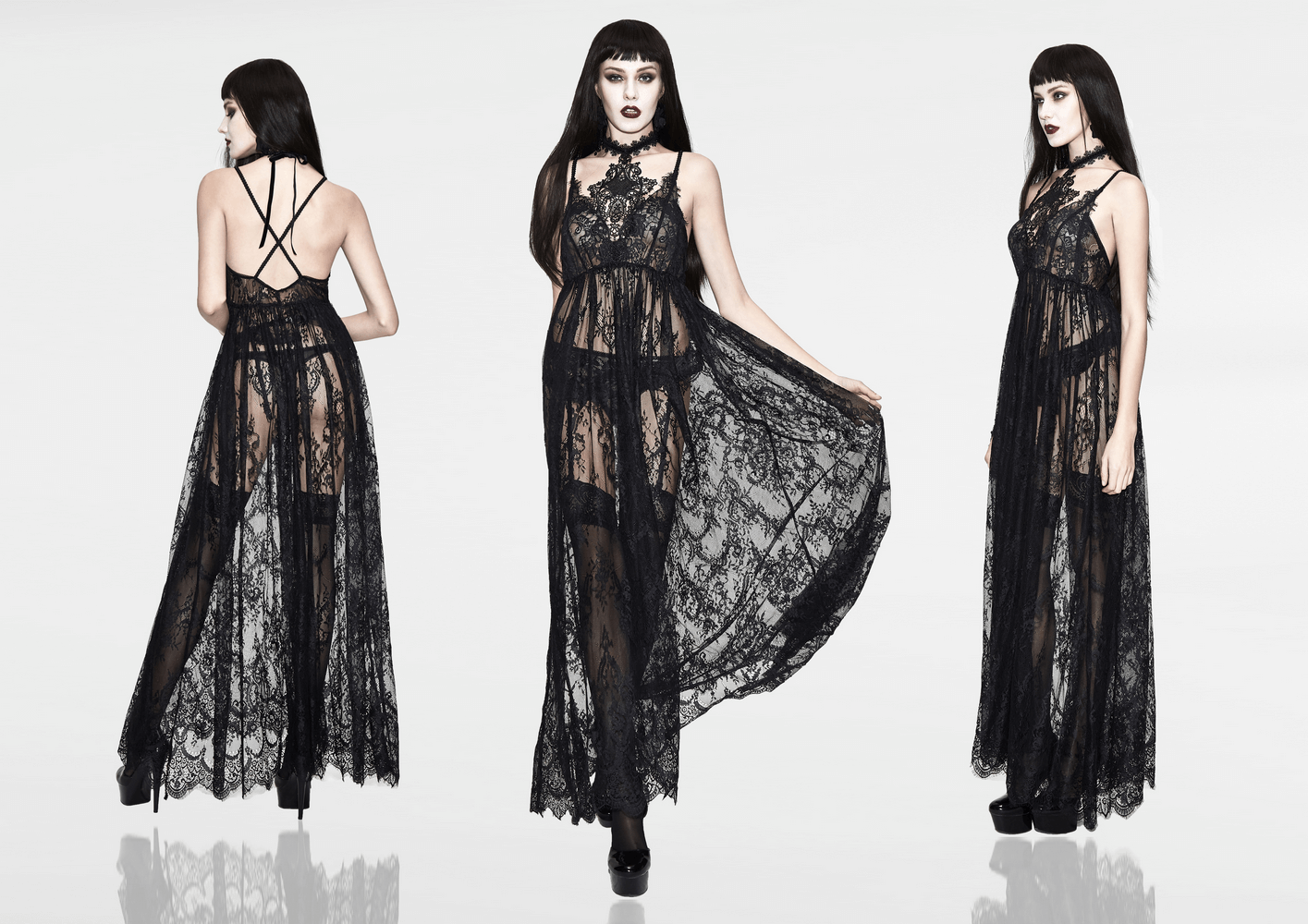 Sexy Long Transparent Lace Dress / Romantic Black Dresses With Lace Chocker