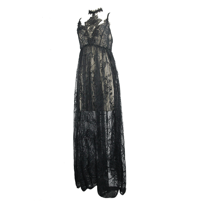 Sexy Long Transparent Lace Dress / Romantic Black Dresses With Lace Chocker