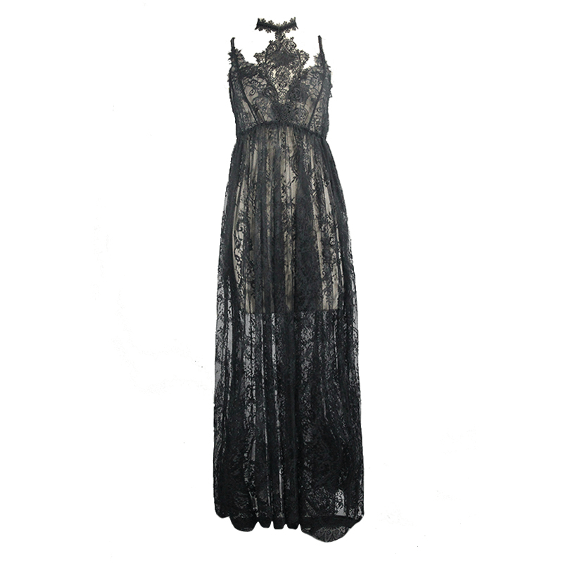 Sexy Long Transparent Lace Dress / Romantic Black Dresses With Lace Chocker