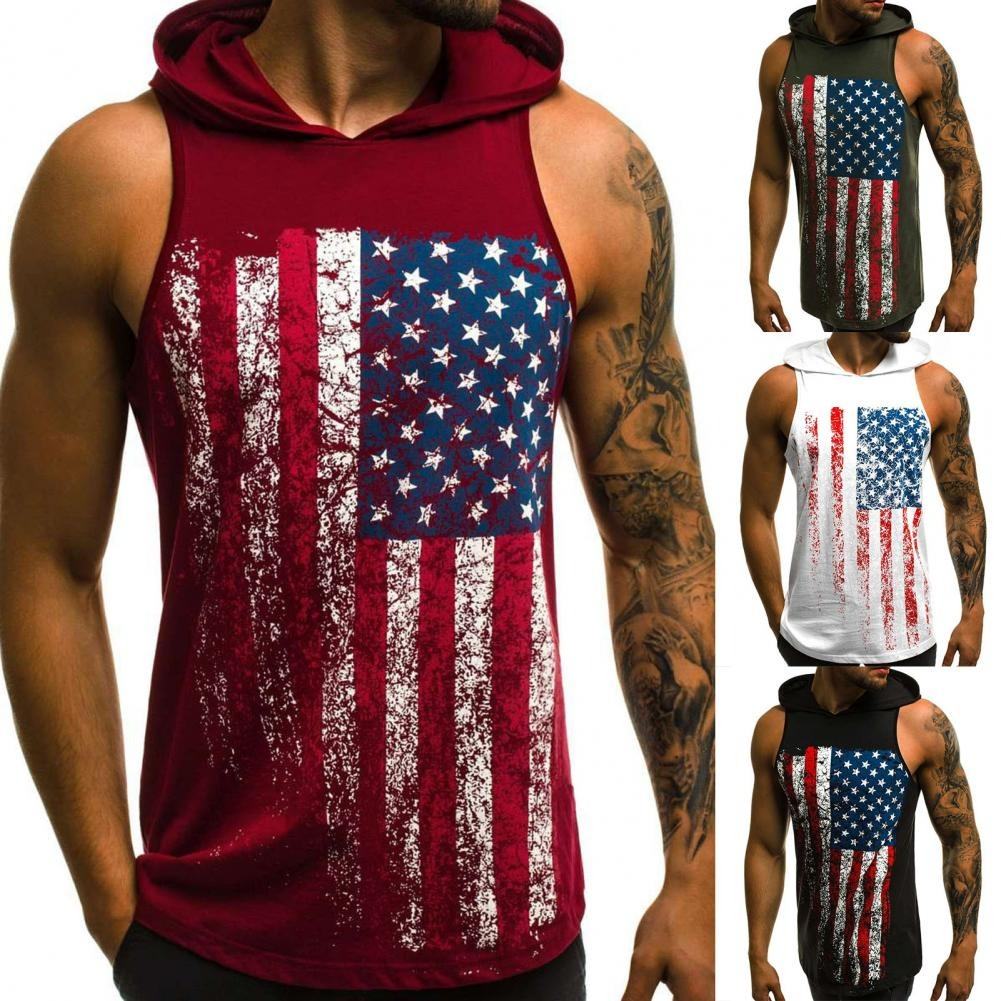 CLEARANCE / Sexy Men's clothing Sleeveless with American Flag Print / Casual Summer Tank Top with Hoodie