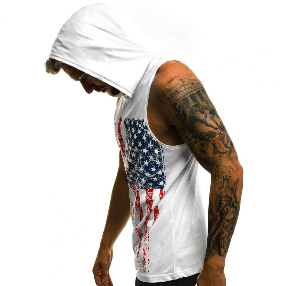 Sexy Men's clothing Sleeveless with American Flag Print / Casual Summer Tank Top with Hoodie