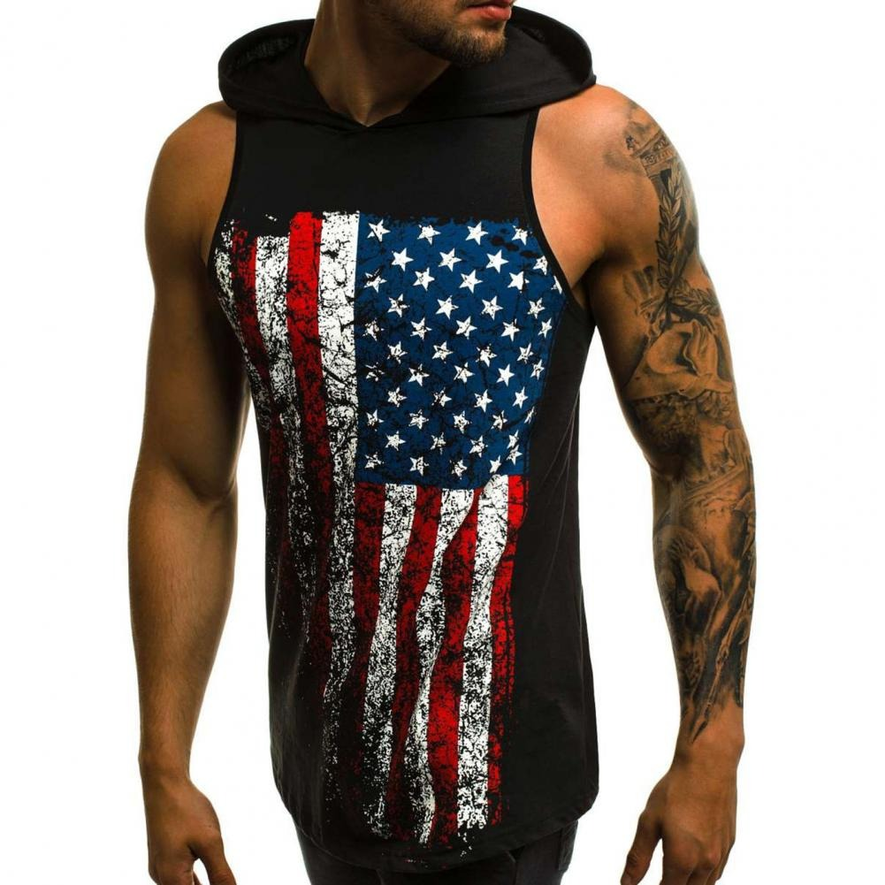Sexy Men's clothing Sleeveless with American Flag Print / Casual Summer Tank Top with Hoodie
