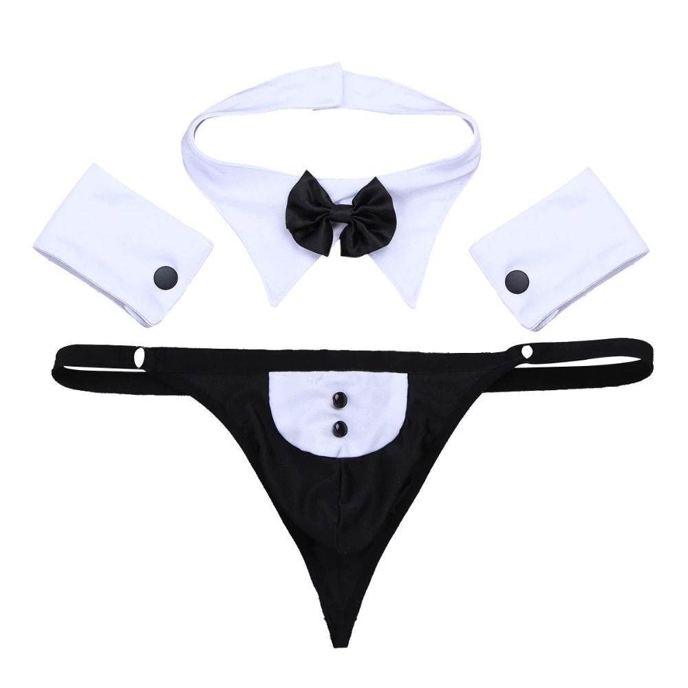 Sexy Men's Costume for role-playing games / Open Suit Tuxedo Thong with Bow Tie Collar Bracelets