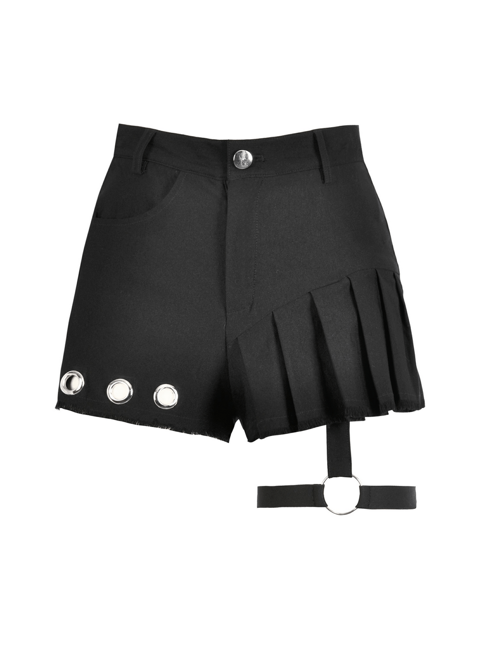 Sexy Pleated Shorts with O-Ring Strap and Eyelet Detail