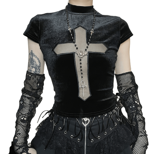 Sexy Punk Black T-shirts with Sheer Cross / Fashion Alternative Clothes