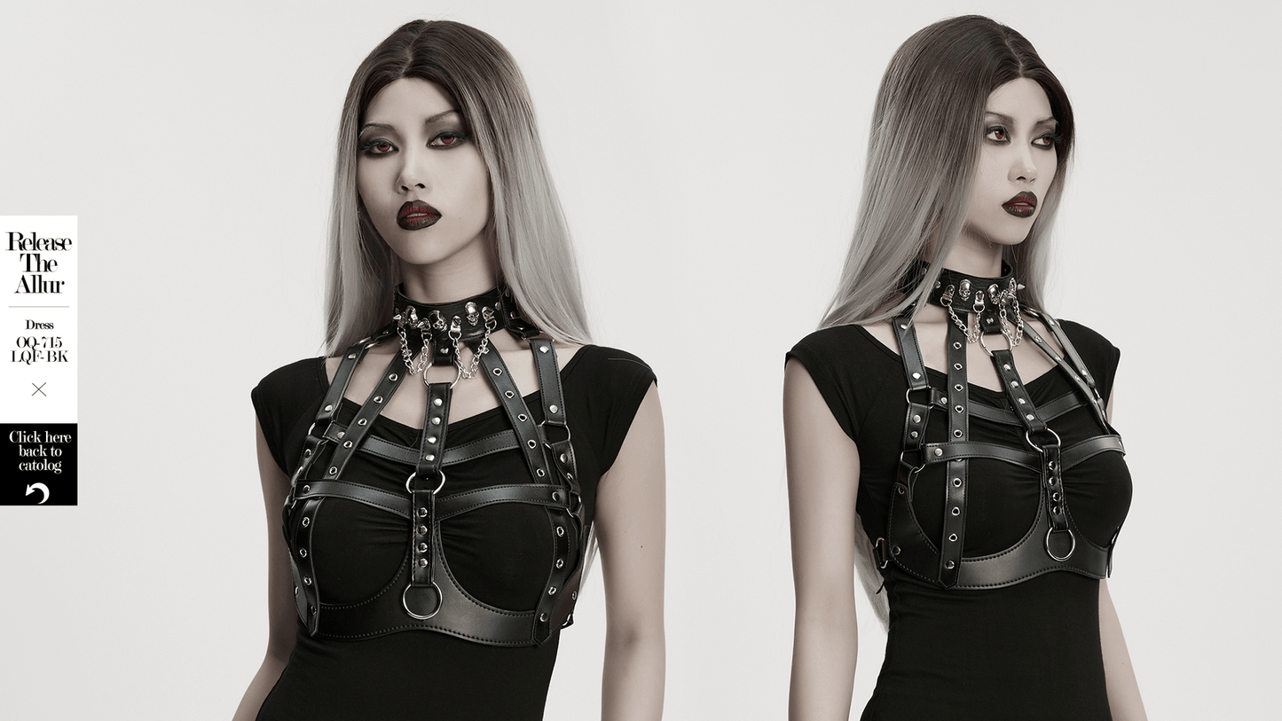 Sexy Punk Leather Bustier with Skull Studs and Chains