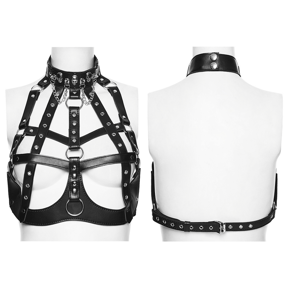 Sexy Punk Leather Bustier with Skull Studs and Chains