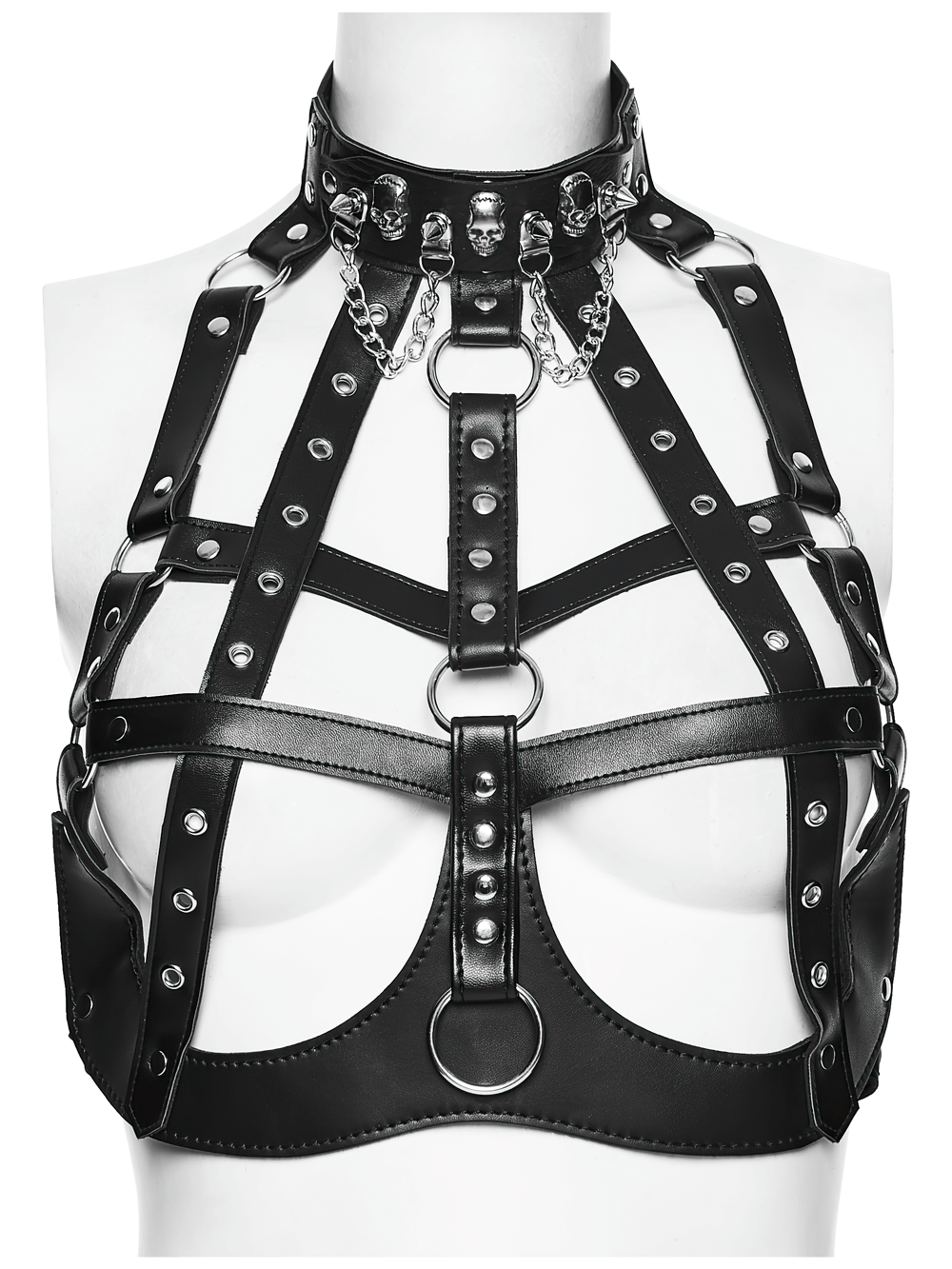 Sexy Punk Leather Bustier with Skull Studs and Chains