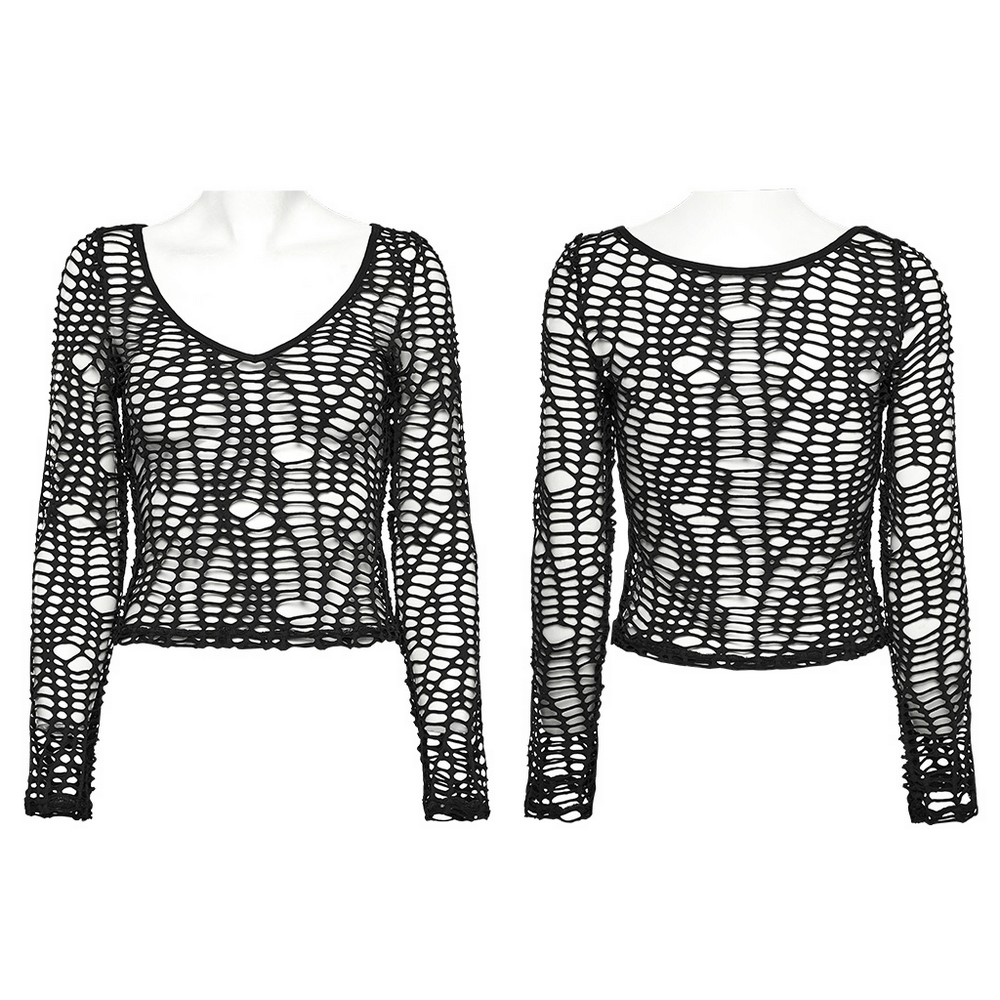 Sexy Punk Mesh Top with Deep-V Hollow Design