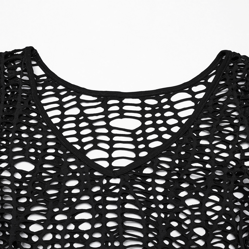 Sexy Punk Mesh Top with Deep-V Hollow Design