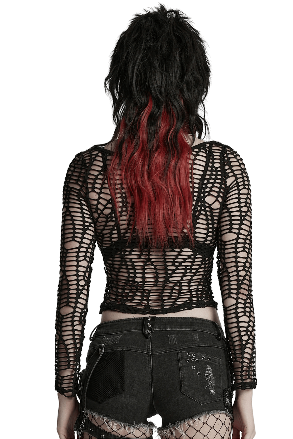 Sexy Punk Mesh Top with Deep-V Hollow Design