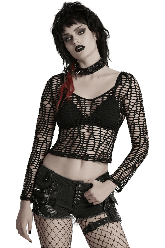 Sexy Punk Mesh Top with Deep-V Hollow Design