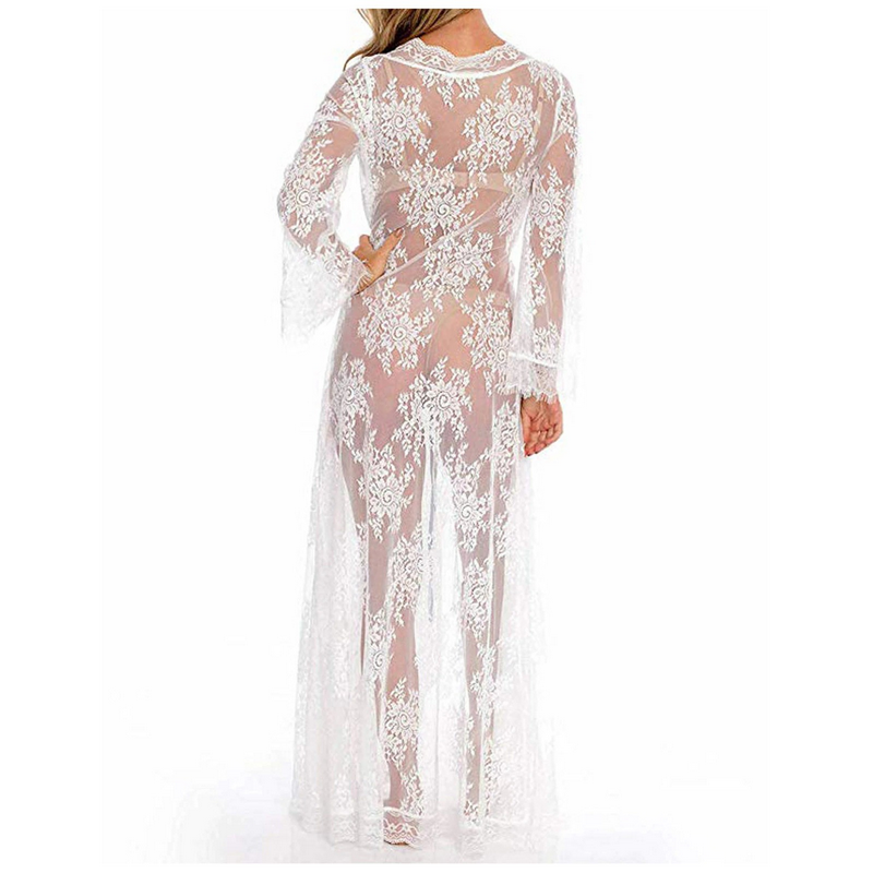 Sexy See Through Lace Kimono Robe for Women / Erotic Ladies Nightgown with Long Sleeves