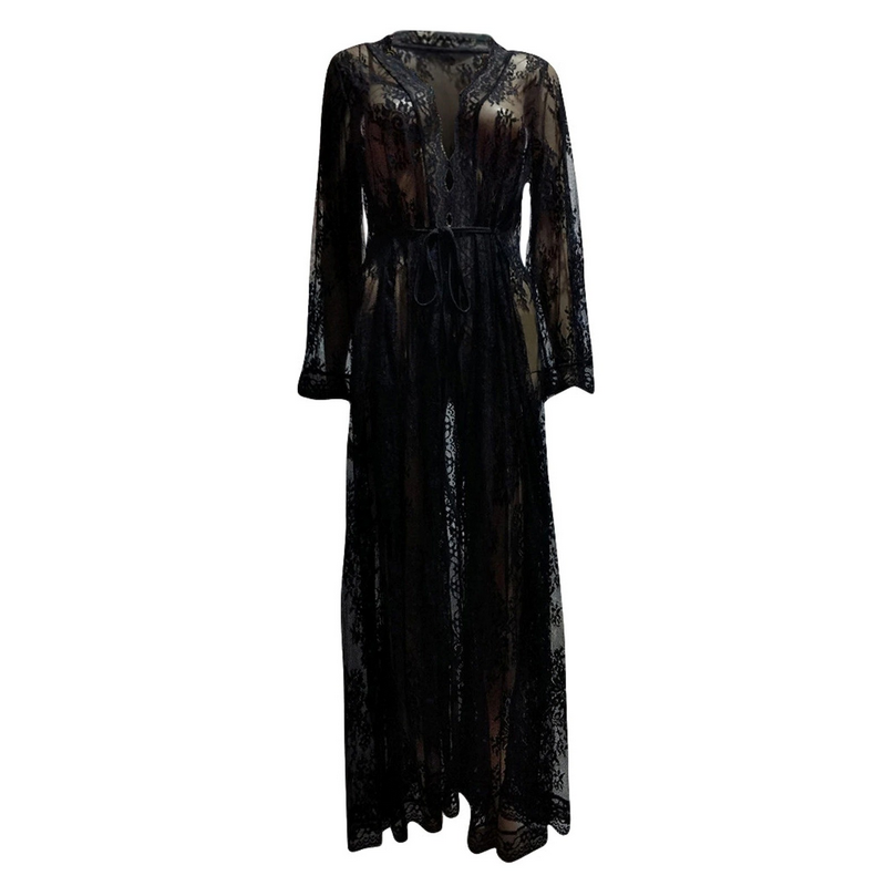 Sexy See Through Lace Kimono Robe for Women / Erotic Ladies Nightgown with Long Sleeves