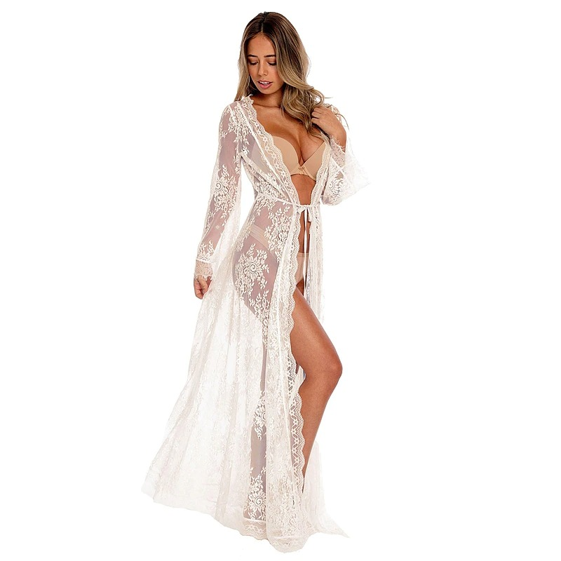 Sexy See Through Lace Kimono Robe for Women / Erotic Ladies Nightgown with Long Sleeves
