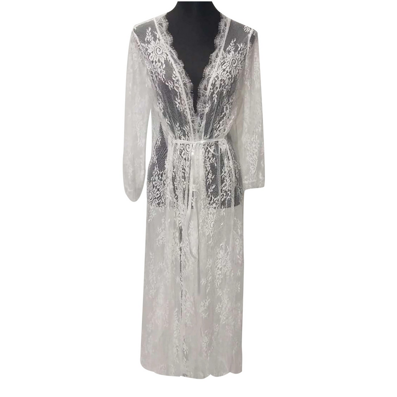 Sexy See Through Lace Kimono Robe for Women / Erotic Ladies Nightgown with Long Sleeves
