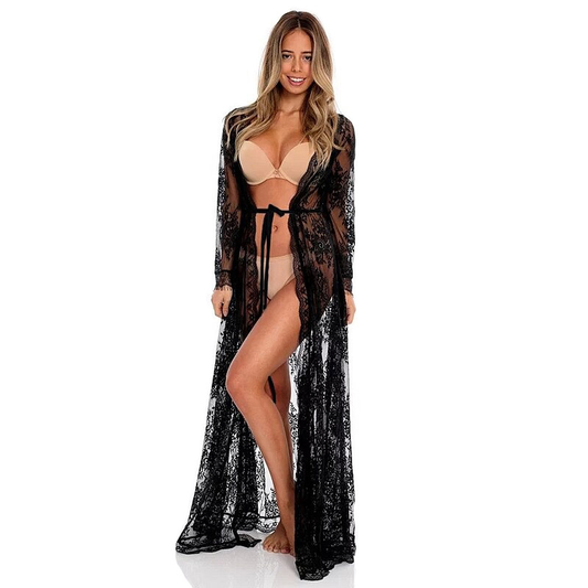 Sexy See Through Lace Kimono Robe for Women / Erotic Ladies Nightgown with Long Sleeves