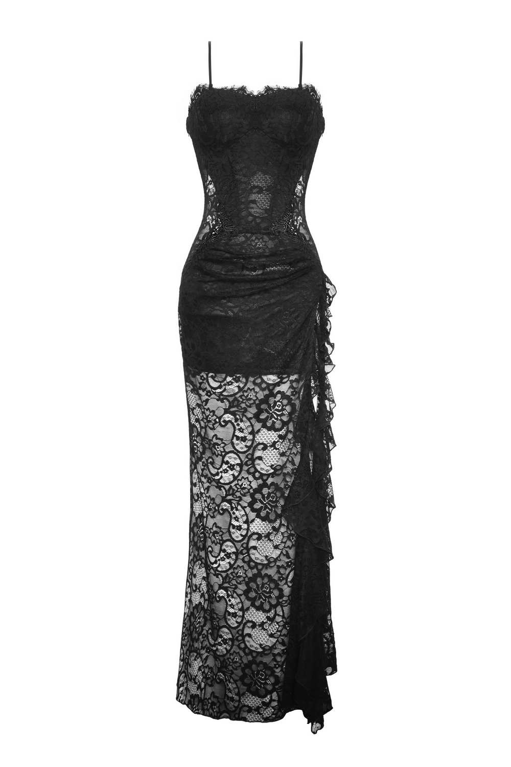 Sexy Sheer Black Lace Maxi Dress with Side Slit