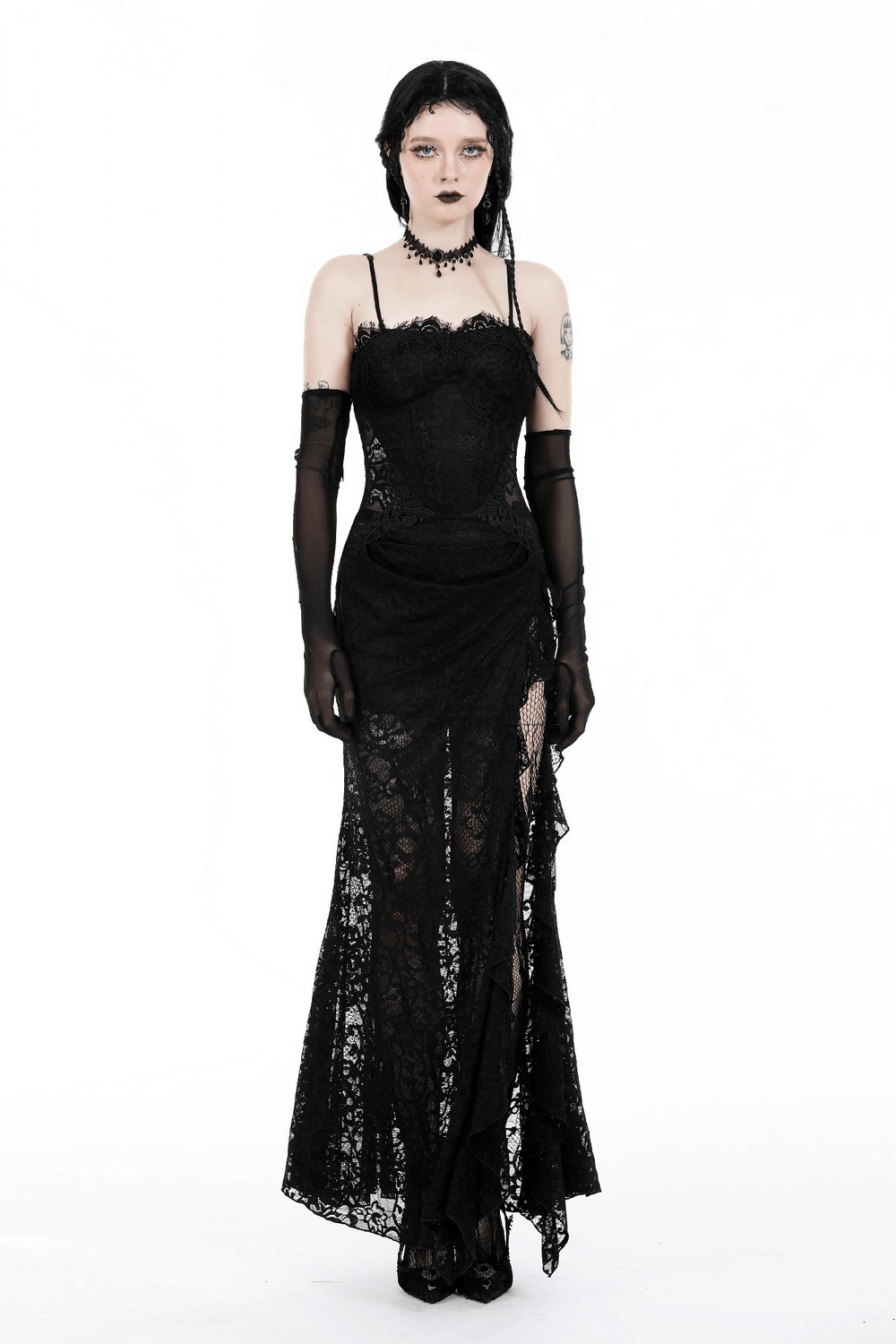 Sexy Sheer Black Lace Maxi Dress with Side Slit