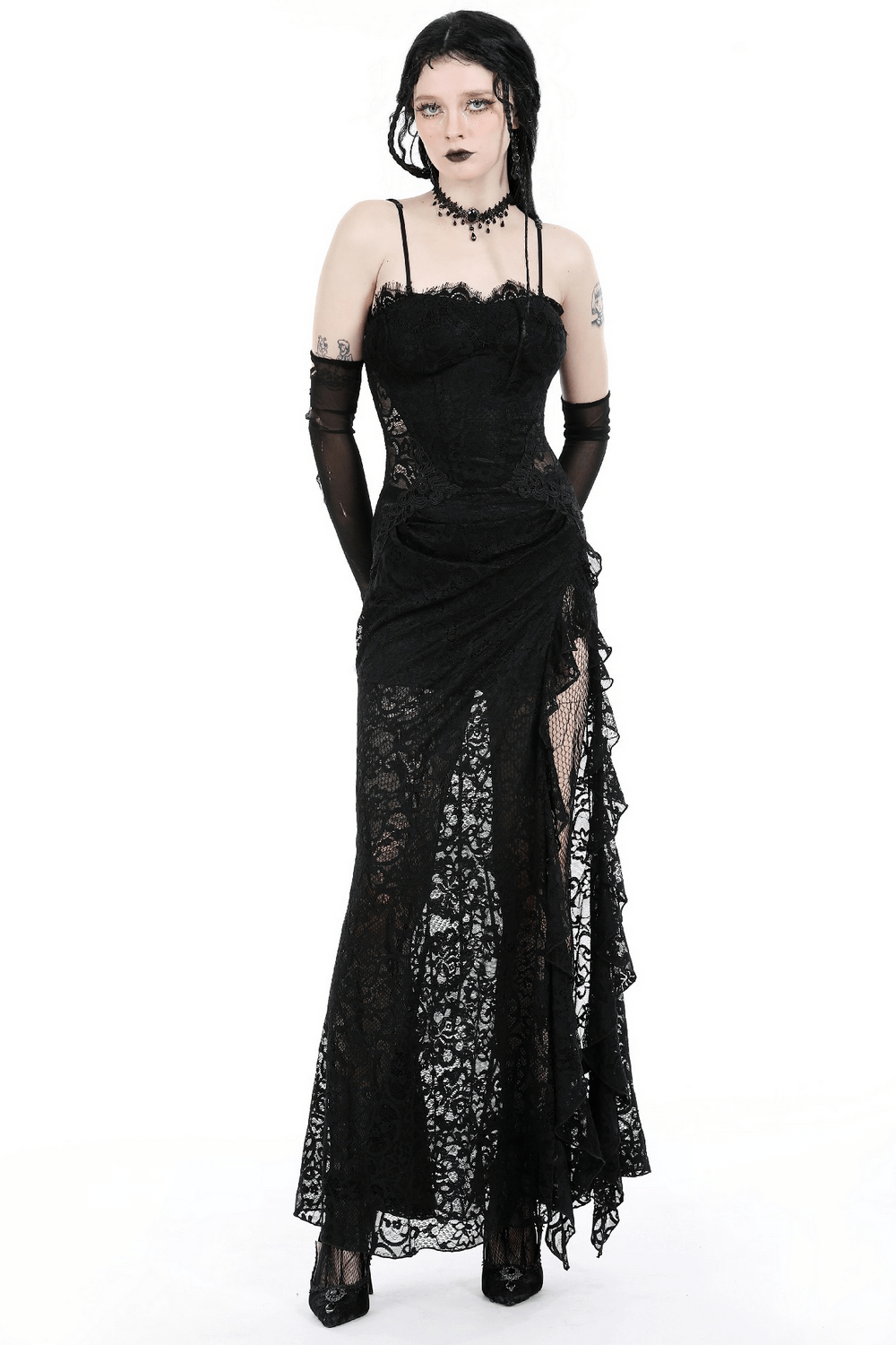 Sexy Sheer Black Lace Maxi Dress with Side Slit