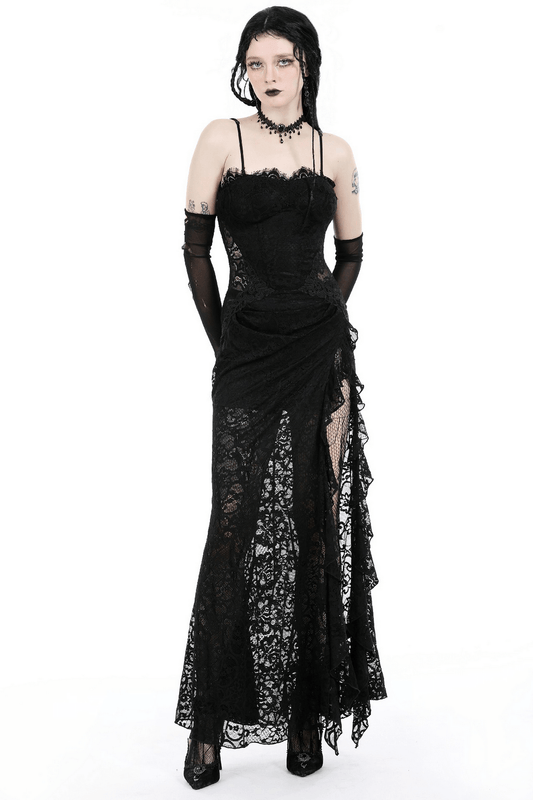 Sexy Sheer Black Lace Maxi Dress with Side Slit