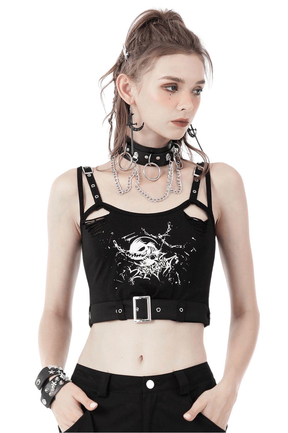 Sexy Skull Print Crop Top with Buckle for Women