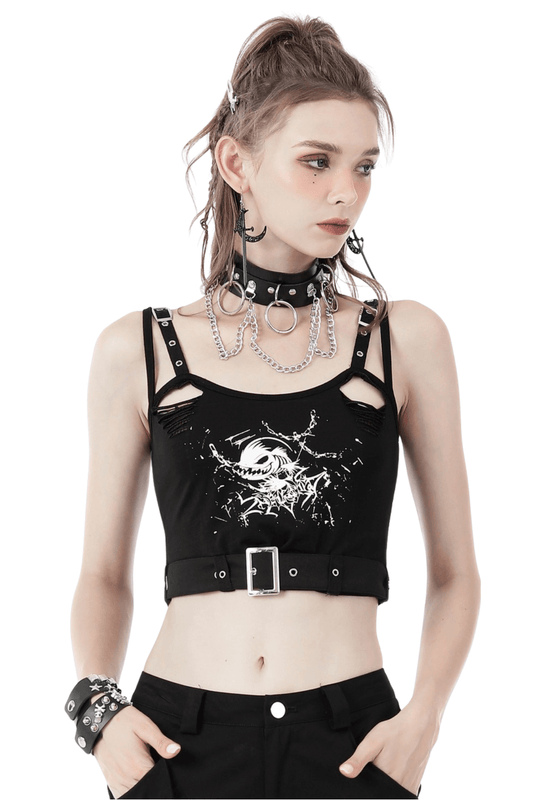Sexy Skull Print Crop Top with Buckle for Women