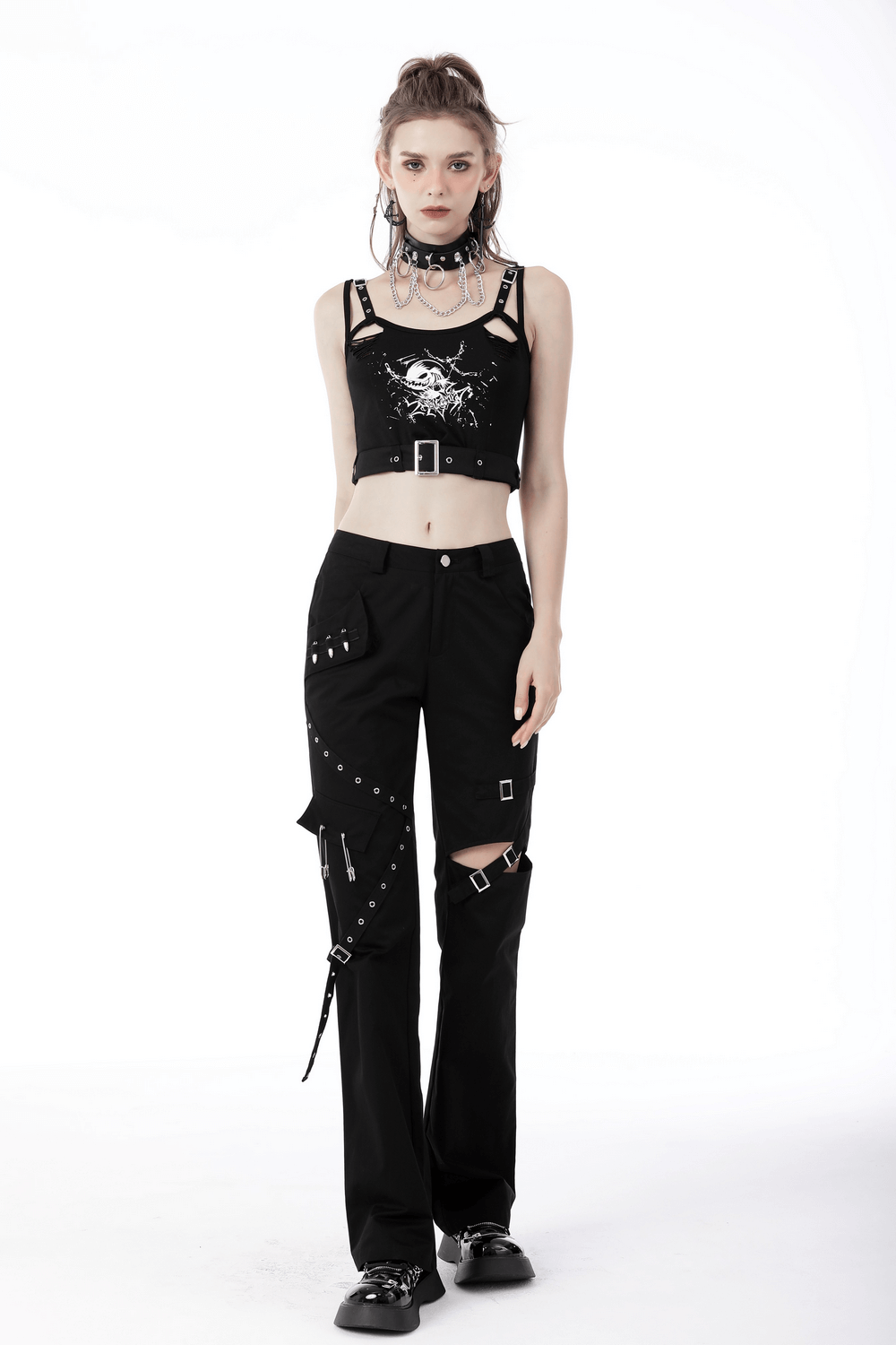 Sexy Skull Print Crop Top with Buckle for Women