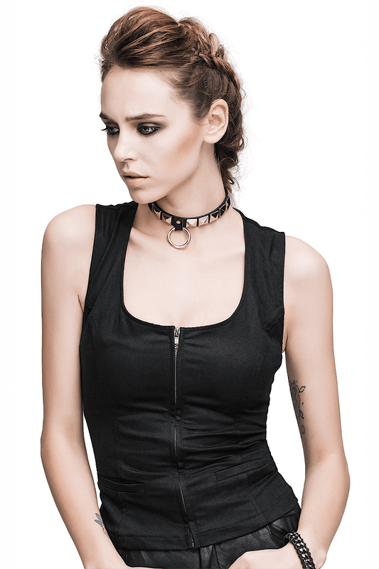 Sexy Sleeveless Tank Top With Ribbon on the Back / Gothic Black Sleeveless Zipper Top
