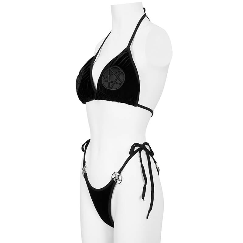 Sexy Stretch Black Velvet Pentagrams Bikini in Gothic Style / Alternative Style Swimwear for Women