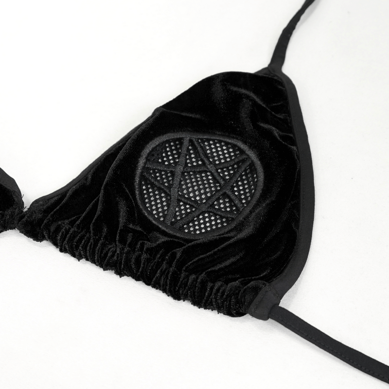 Sexy Stretch Black Velvet Pentagrams Bikini in Gothic Style / Alternative Style Swimwear for Women