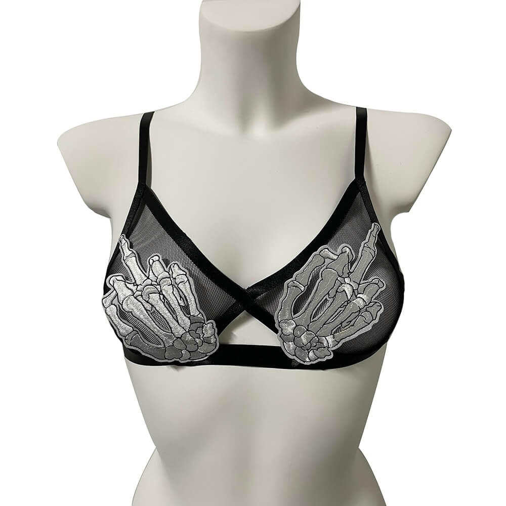 Sexy Transparent Bra With Skeleton Patchs / Gothic Erotic Women's Bras with Adjustable Straps