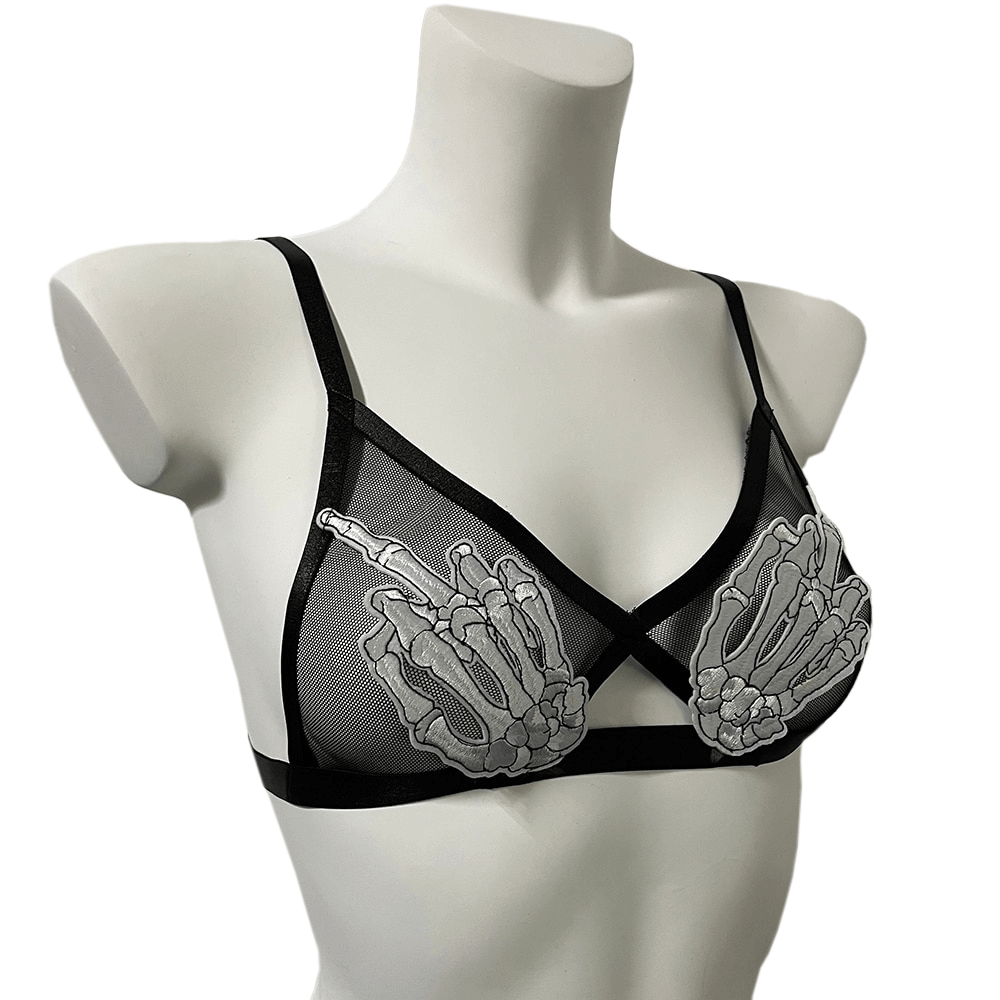 Sexy Transparent Bra With Skeleton Patchs / Gothic Erotic Women's Bras with Adjustable Straps