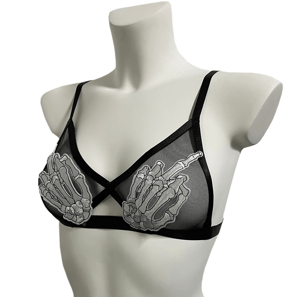 Sexy Transparent Bra With Skeleton Patchs / Gothic Erotic Women's Bras with Adjustable Straps