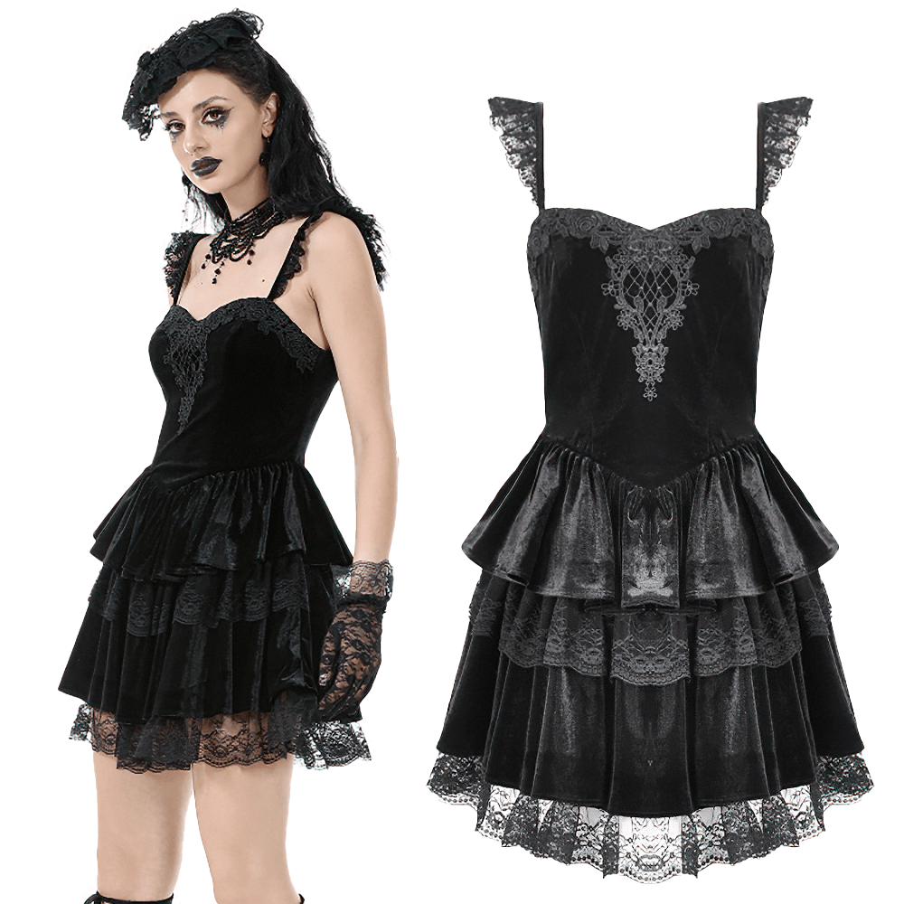 Sexy Velvet Lace Tiered Mini Dress with Corset and Ruffles