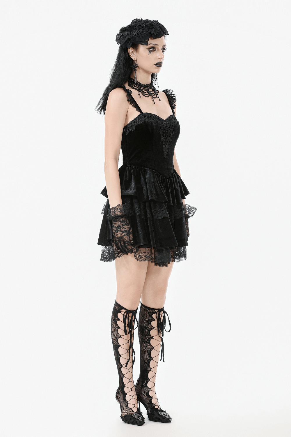 Sexy Velvet Lace Tiered Mini Dress with Corset and Ruffles