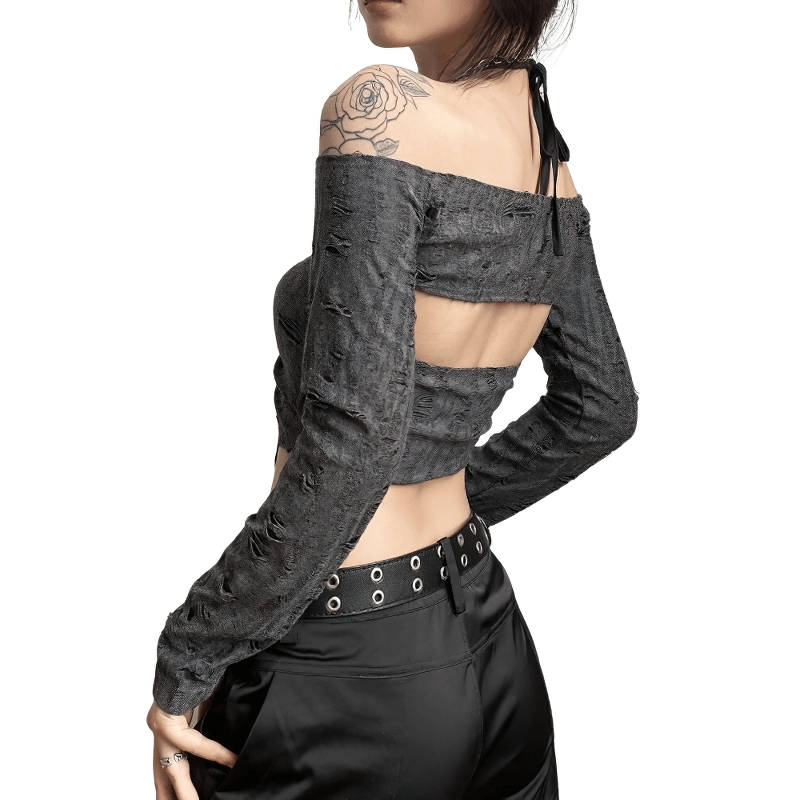 Sexy Women's Long Sleeves Gray Top / Cool Ladies Open Shoulders Crop Top