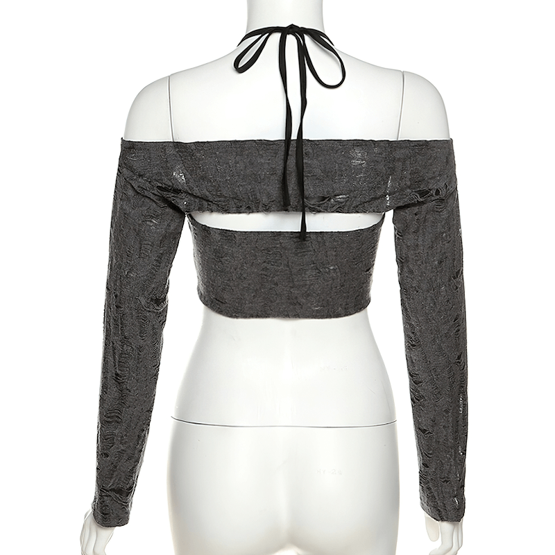 Sexy Women's Long Sleeves Gray Top / Cool Ladies Open Shoulders Crop Top
