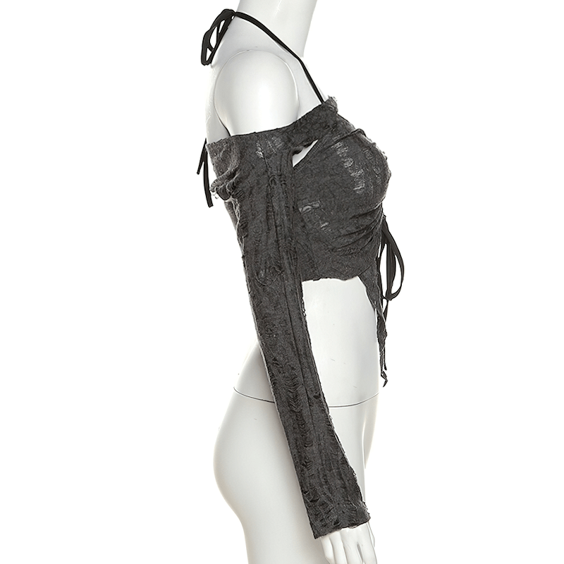 Sexy Women's Long Sleeves Gray Top / Cool Ladies Open Shoulders Crop Top