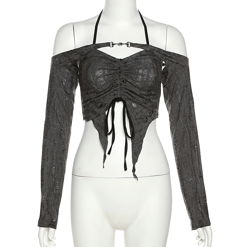 Sexy Women's Long Sleeves Gray Top / Cool Ladies Open Shoulders Crop Top