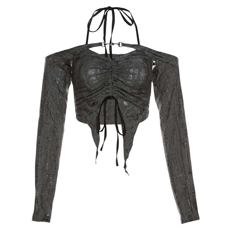 Sexy Women's Long Sleeves Gray Top / Cool Ladies Open Shoulders Crop Top