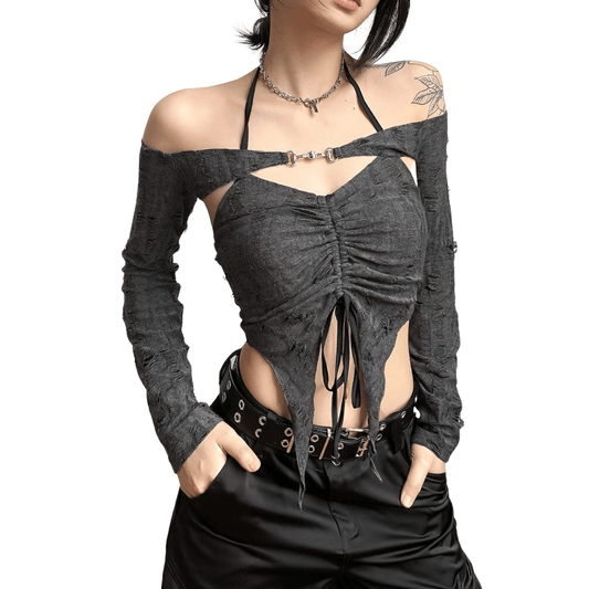 Sexy Women's Long Sleeves Gray Top / Cool Ladies Open Shoulders Crop Top