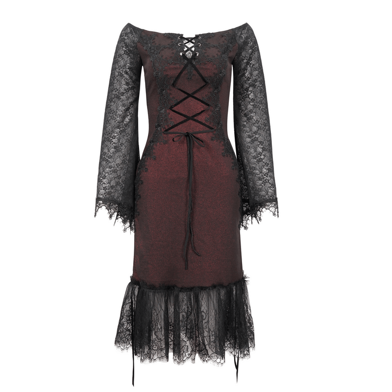 Sexy Women's Off Shoulder Lace Dress / Gothic Wine Red Splice Dresses