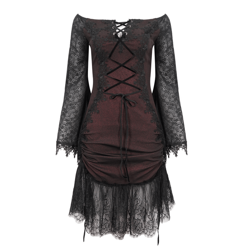 Sexy Women's Off Shoulder Lace Dress / Gothic Wine Red Splice Dresses