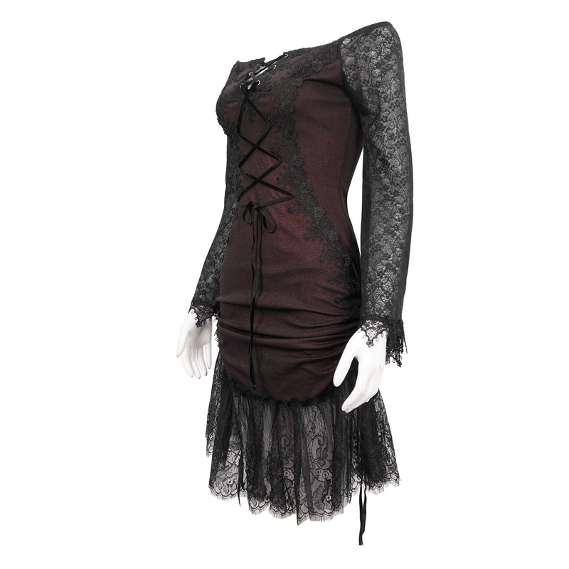 Sexy Women's Off Shoulder Lace Dress / Gothic Wine Red Splice Dresses