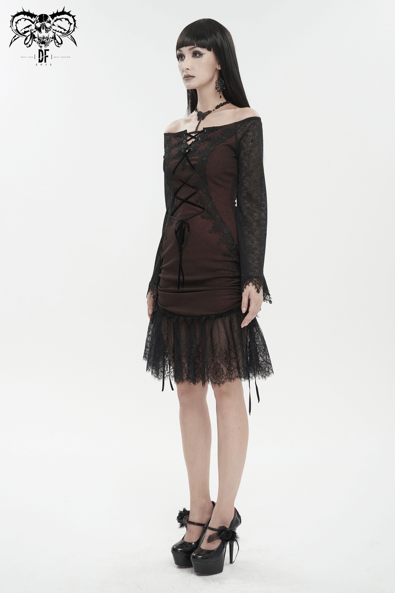 Sexy Women's Off Shoulder Lace Dress / Gothic Wine Red Splice Dresses