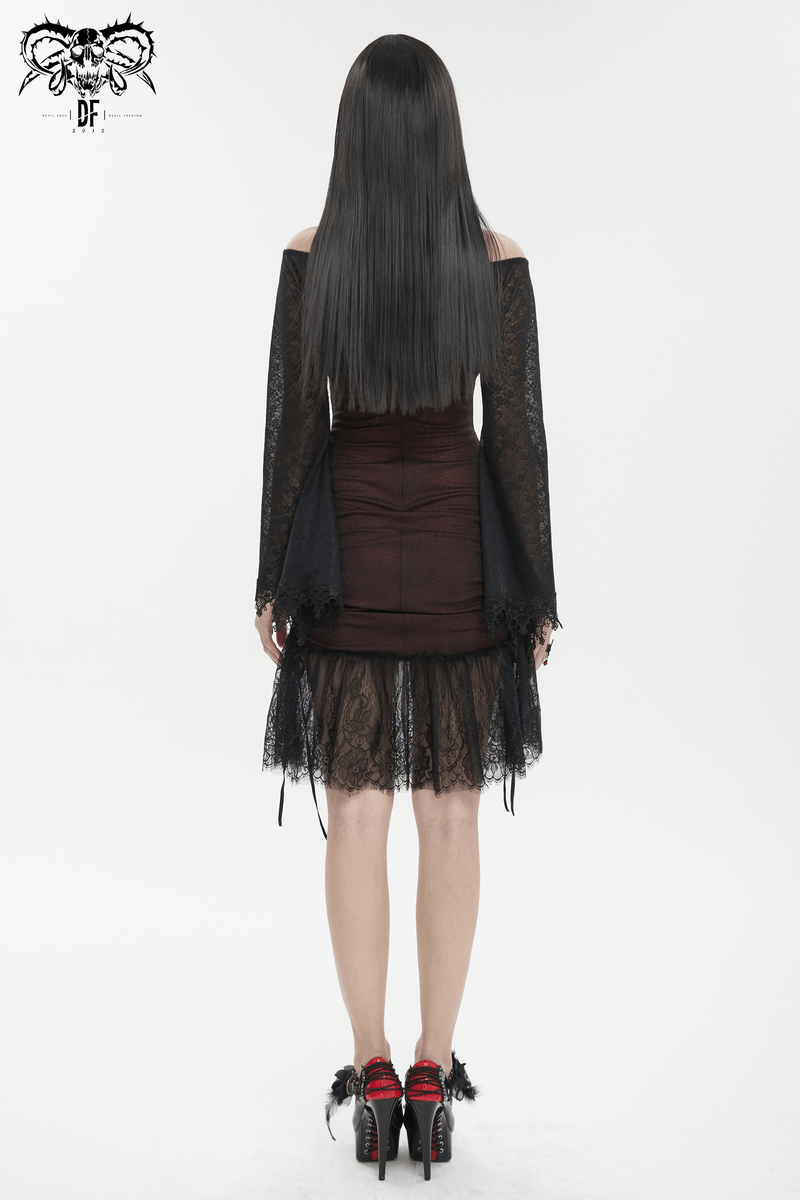 Sexy Women's Off Shoulder Lace Dress / Gothic Wine Red Splice Dresses