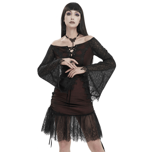 Sexy Women's Off Shoulder Lace Dress / Gothic Wine Red Splice Dresses